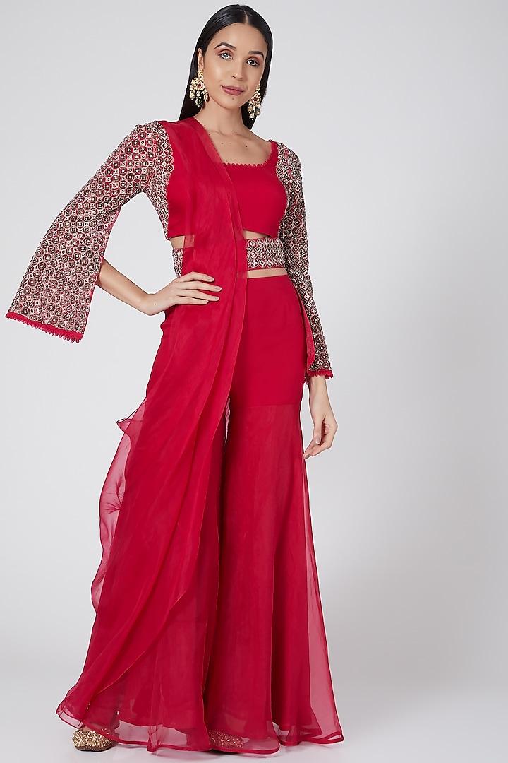 Fuchsia Pre-Draped Sharara Saree Set With Belt by Ridhima Bhasin