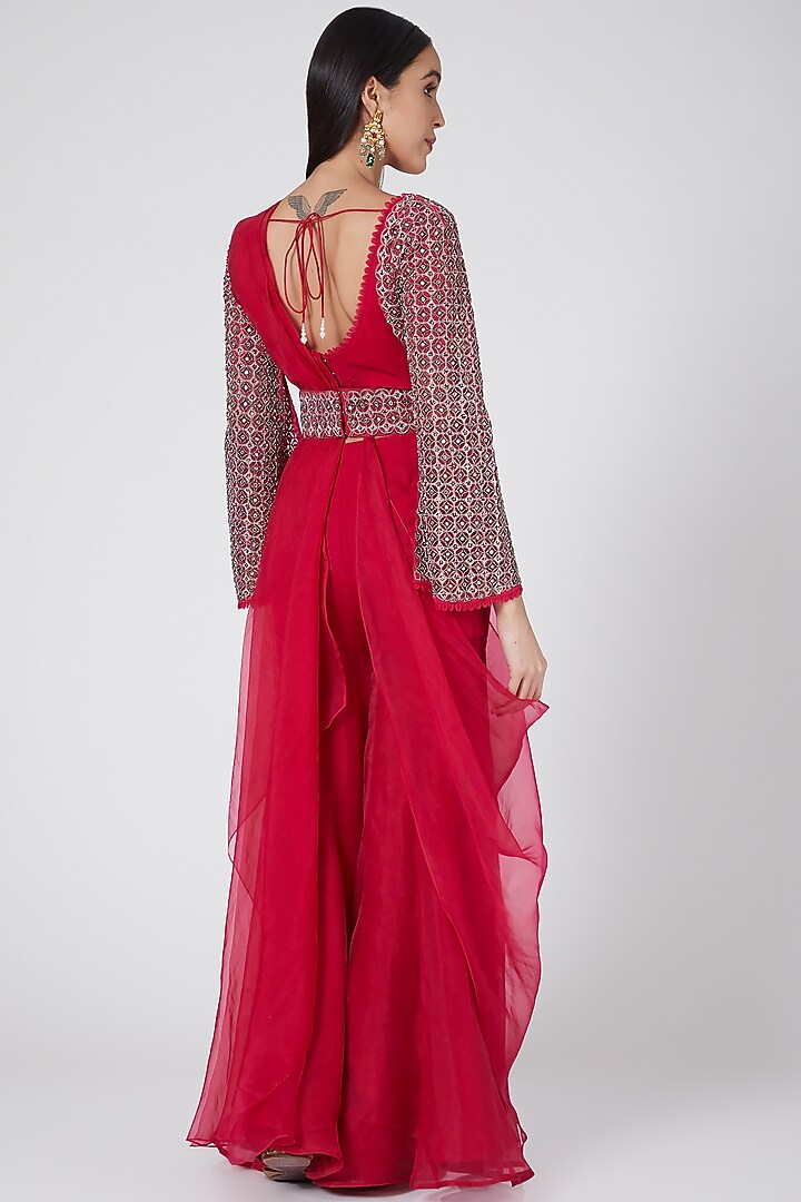 Fuchsia Chiffon & Organza Pre-Draped Sharara Pant Wedding Saree Set by Ridhima Bhasin at Pernia's Pop Up Shop