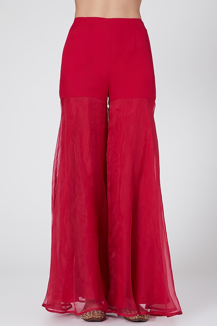 Fuchsia Chiffon & Organza Pre-Draped Sharara Pant Wedding Saree Set by Ridhima Bhasin at Pernia's Pop Up Shop