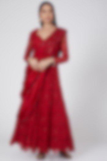 Red Embroidered Draped Anarkali by Ridhima Bhasin