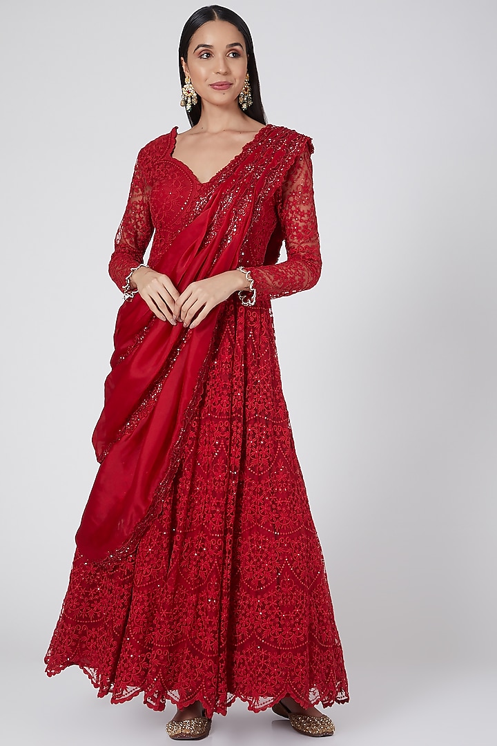 Red Embroidered Draped Anarkali by Ridhima Bhasin