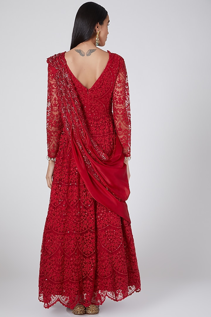 Red Embroidered Draped Bridal Anarkali by Ridhima Bhasin at Pernia's Pop Up Shop