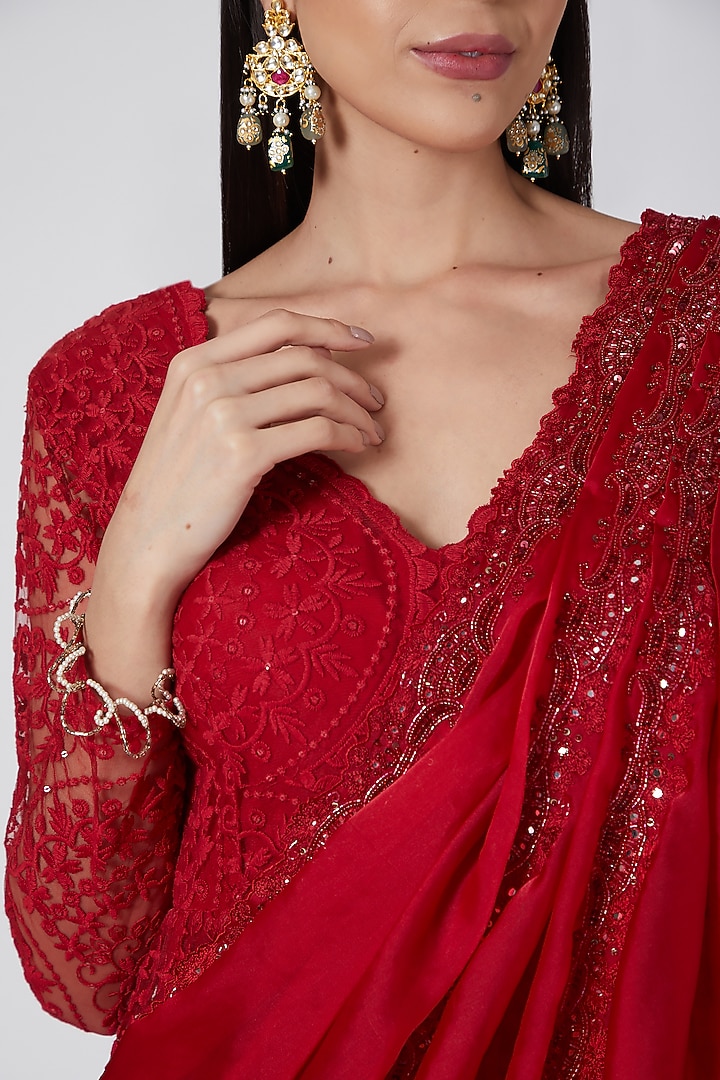 Red Embroidered Draped Bridal Anarkali by Ridhima Bhasin at Pernia's Pop Up Shop