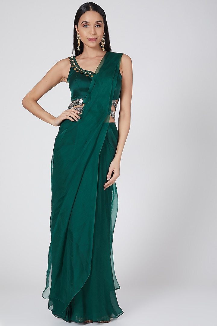 Emerald Green Pre-Draped Saree With Bet by Ridhima Bhasin