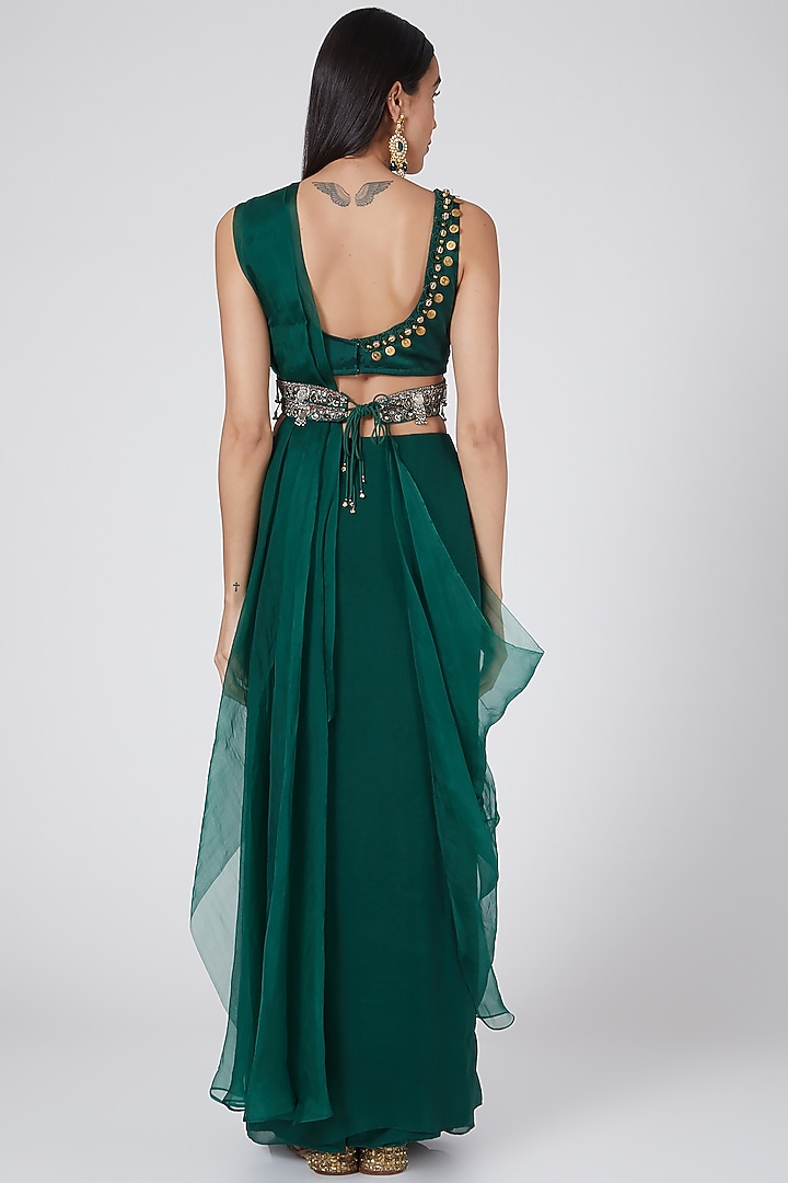 Emerald Green Pre-Draped Wedding Saree With Bet by Ridhima Bhasin at Pernia's Pop Up Shop