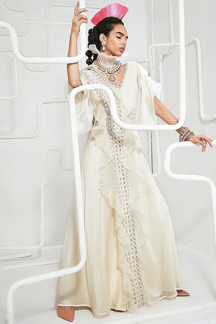 Ivory Embroidered Jumpsuit With Frilled Dupatta by Ridhima Bhasin