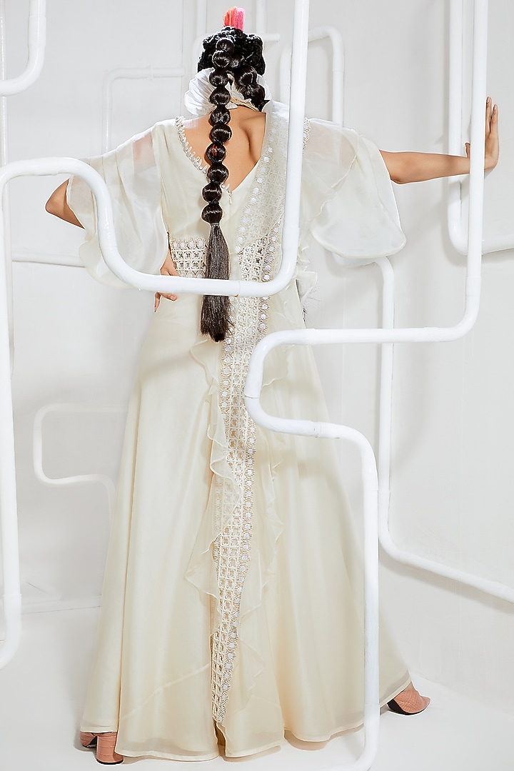 Ivory Embroidered Jumpsuit With Frilled Dupatta by Ridhima Bhasin at Pernia's Pop Up Shop