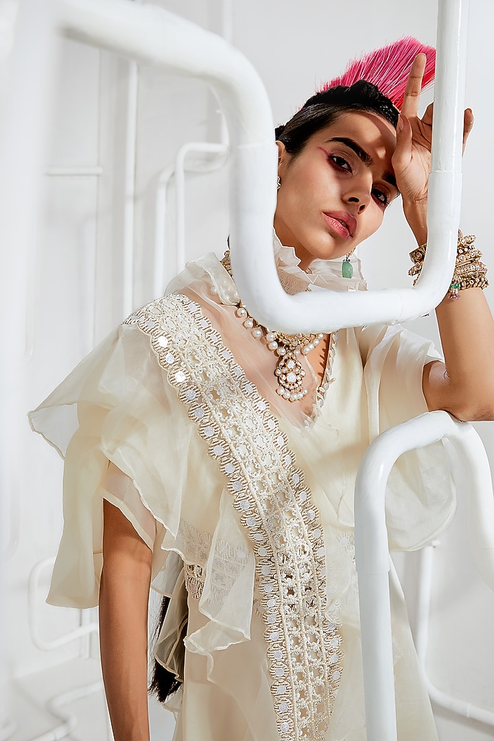 Ivory Embroidered Jumpsuit With Frilled Dupatta by Ridhima Bhasin at Pernia's Pop Up Shop