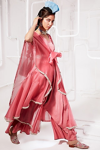 Pink Embroidered Jumpsuit With Cape by Ridhima Bhasin