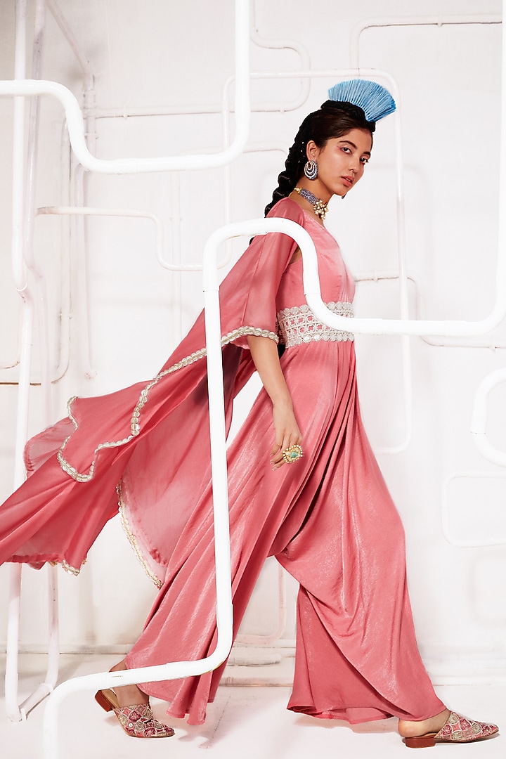 Pink Embroidered Jumpsuit With Cape by Ridhima Bhasin at Pernia's Pop Up Shop