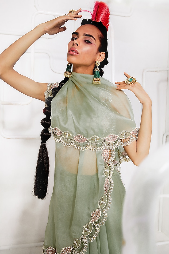Mint Green Georgette Embroidered Pleated Draped Skirt Wedding Saree Set by Ridhima Bhasin at Pernia's Pop Up Shop
