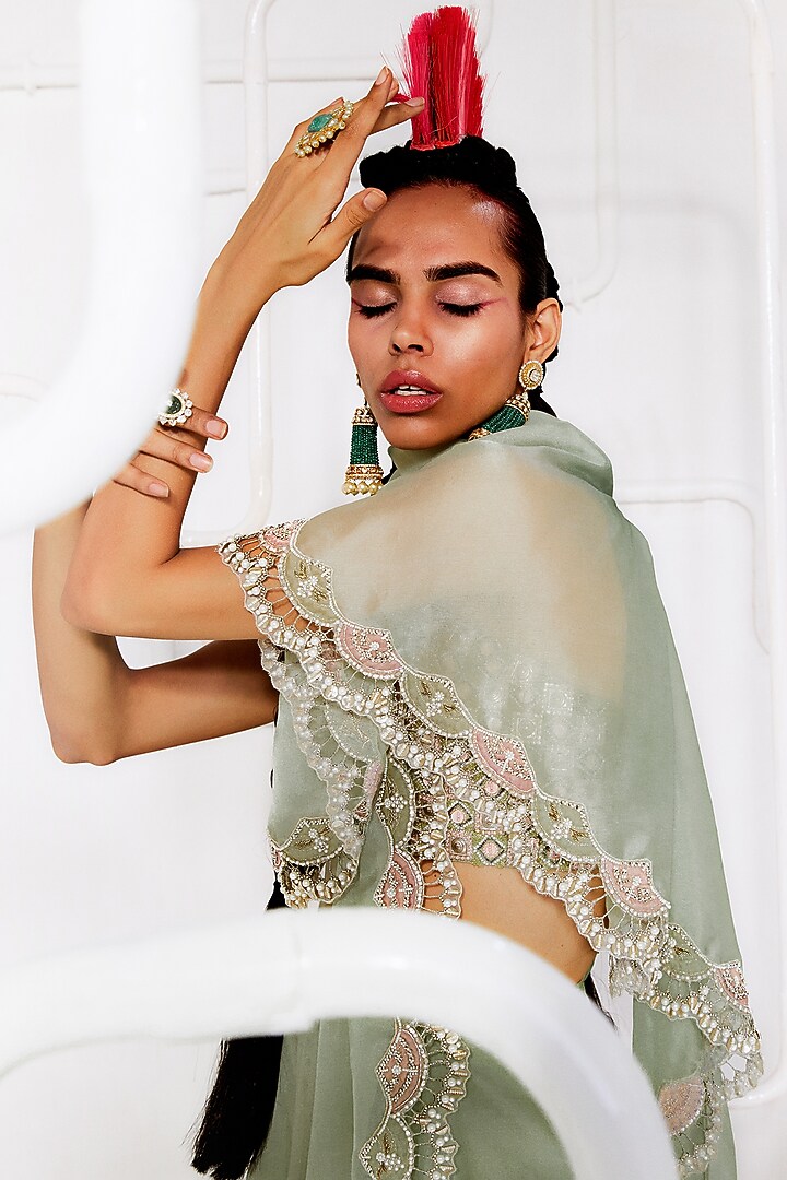 Mint Green Georgette Embroidered Pleated Draped Skirt Wedding Saree Set by Ridhima Bhasin at Pernia's Pop Up Shop