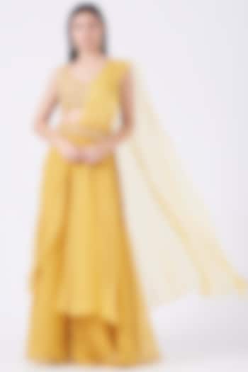 Sunshine Yellow Embroidered Sharara Wedding Saree Set by Ridhima Bhasin at Pernia's Pop Up Shop