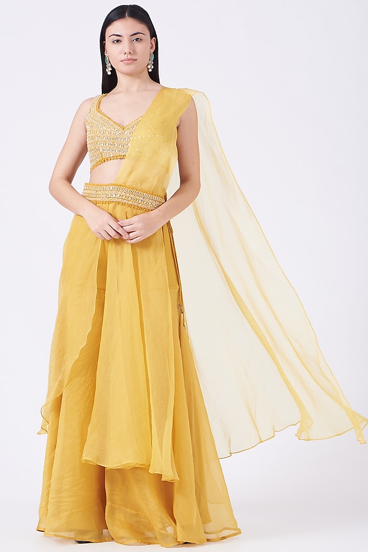 Sunshine Yellow Embroidered Sharara Wedding Saree Set by Ridhima Bhasin at Pernia's Pop Up Shop
