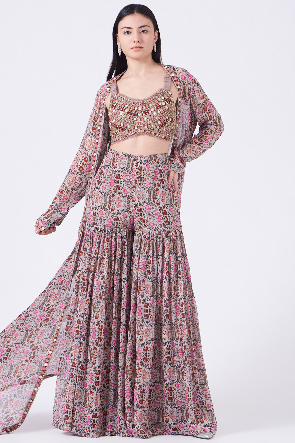 Pink Printed Sharara Set With Cape by Ridhima Bhasin