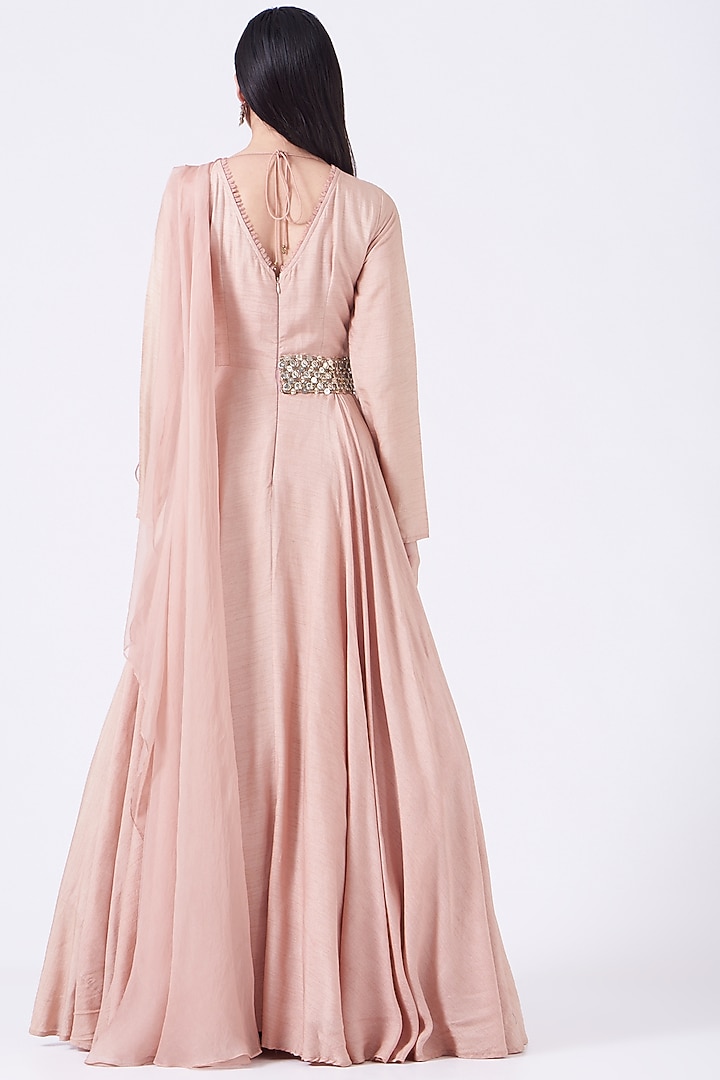 Dull Peach Silk Embellished Wedding Anarkali Set by Ridhima Bhasin at Pernia's Pop Up Shop