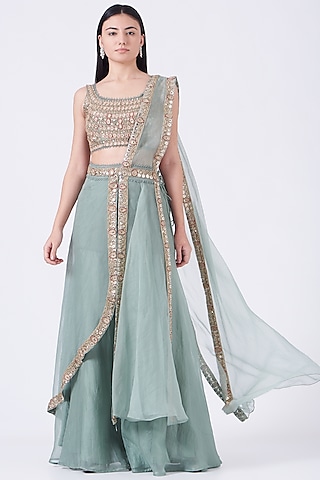 Aqua Blue Pre-Draped Sharara Saree Set by Ridhima Bhasin