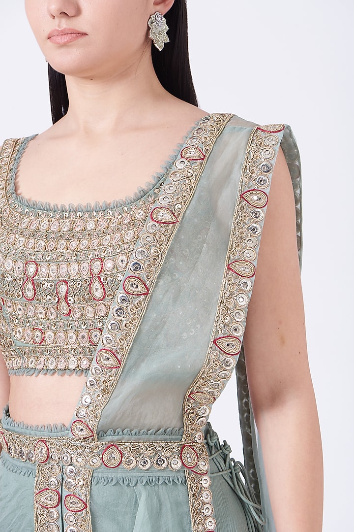 Aqua Blue Pre-Draped Sharara Wedding Saree Set by Ridhima Bhasin at Pernia's Pop Up Shop