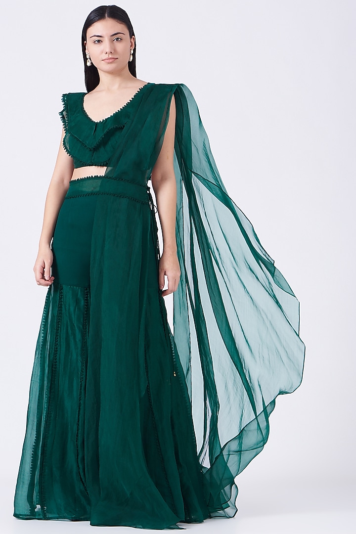 Teal Green Pre-Draped Sharara Set by Ridhima Bhasin at Pernia's Pop Up Shop