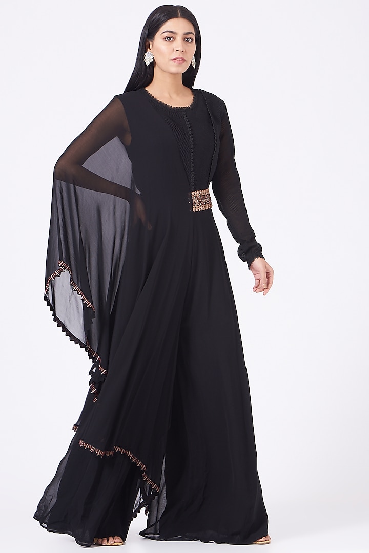 Black Georgette Jumpsuit With Belt by Ridhima Bhasin at Pernia's Pop Up Shop