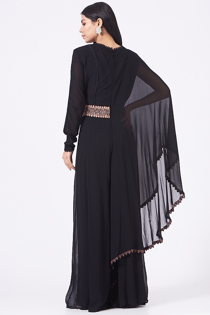 Black Georgette Jumpsuit With Belt by Ridhima Bhasin at Pernia's Pop Up Shop