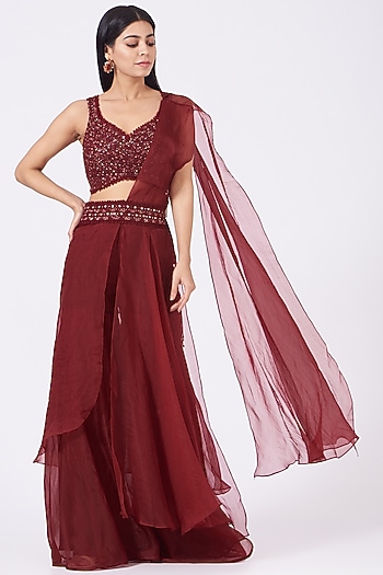 Maroon Organza Sharara Wedding Saree Set by Ridhima Bhasin at Pernia's Pop Up Shop