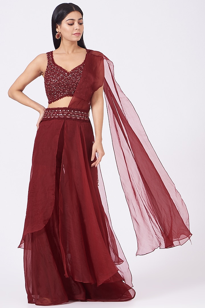 Maroon Organza Sharara Saree Set by Ridhima Bhasin