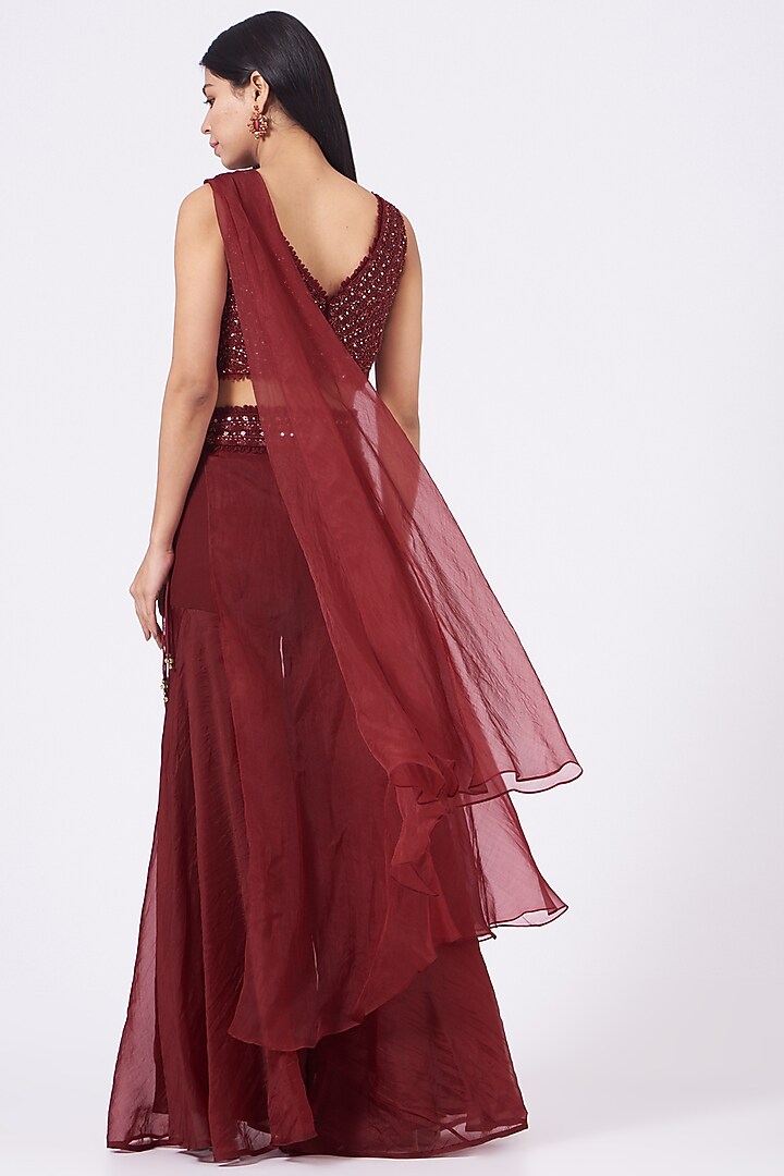 Maroon Organza Sharara Wedding Saree Set by Ridhima Bhasin at Pernia's Pop Up Shop