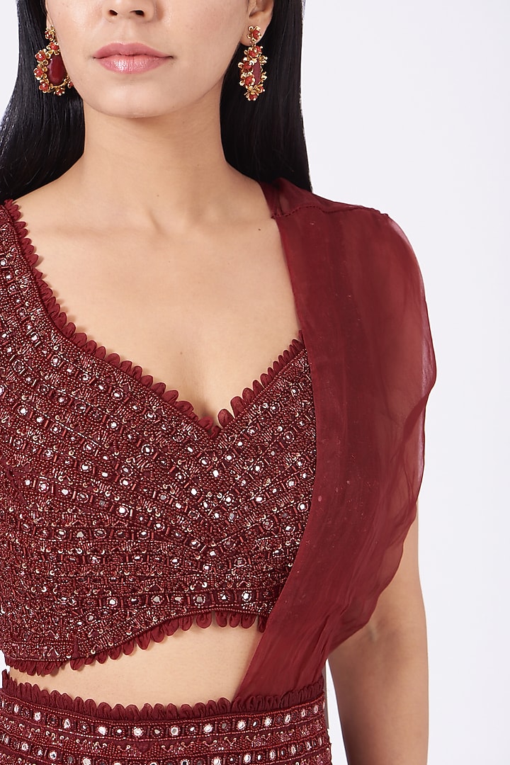 Maroon Organza Sharara Wedding Saree Set by Ridhima Bhasin at Pernia's Pop Up Shop