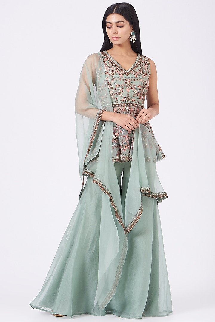 Aqua Green Embroidered Bridal Sharara Set by Ridhima Bhasin at Pernia's Pop Up Shop