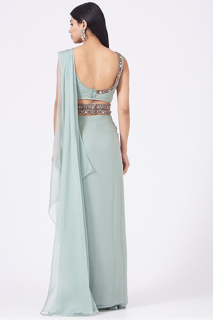 Powder Blue Pre-Draped Sharara Wedding Saree Set by Ridhima Bhasin at Pernia's Pop Up Shop