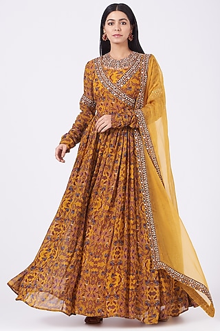 Mustard Printed Angrakha Anarkali Set by Ridhima Bhasin