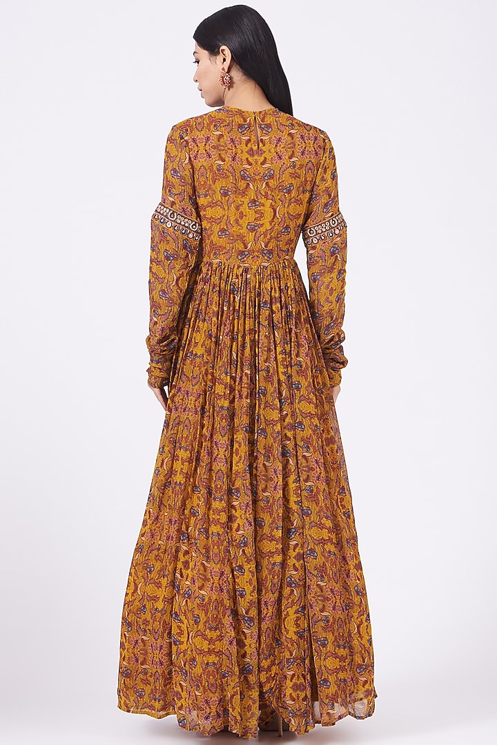 Mustard Printed Angrakha Wedding Anarkali Set by Ridhima Bhasin at Pernia's Pop Up Shop