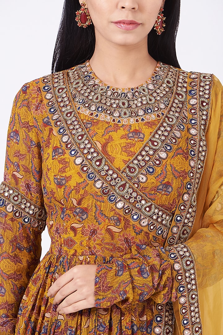 Mustard Printed Angrakha Wedding Anarkali Set by Ridhima Bhasin at Pernia's Pop Up Shop
