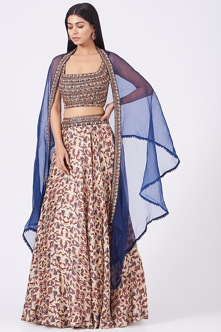 Beige Printed & Embroidered Skirt Set by Ridhima Bhasin