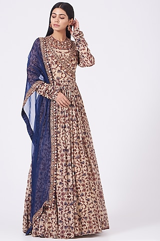 Beige Printed Angrakha Anarkali Set by Ridhima Bhasin