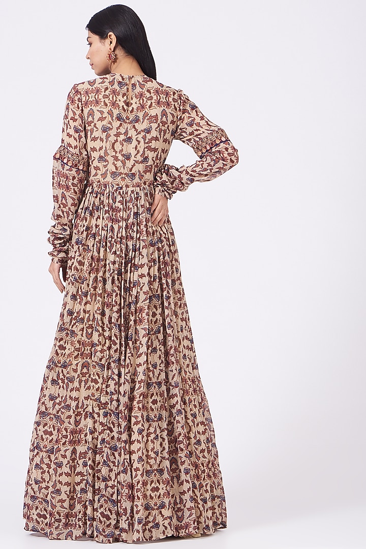 Beige Printed Angrakha Wedding Anarkali Set by Ridhima Bhasin at Pernia's Pop Up Shop