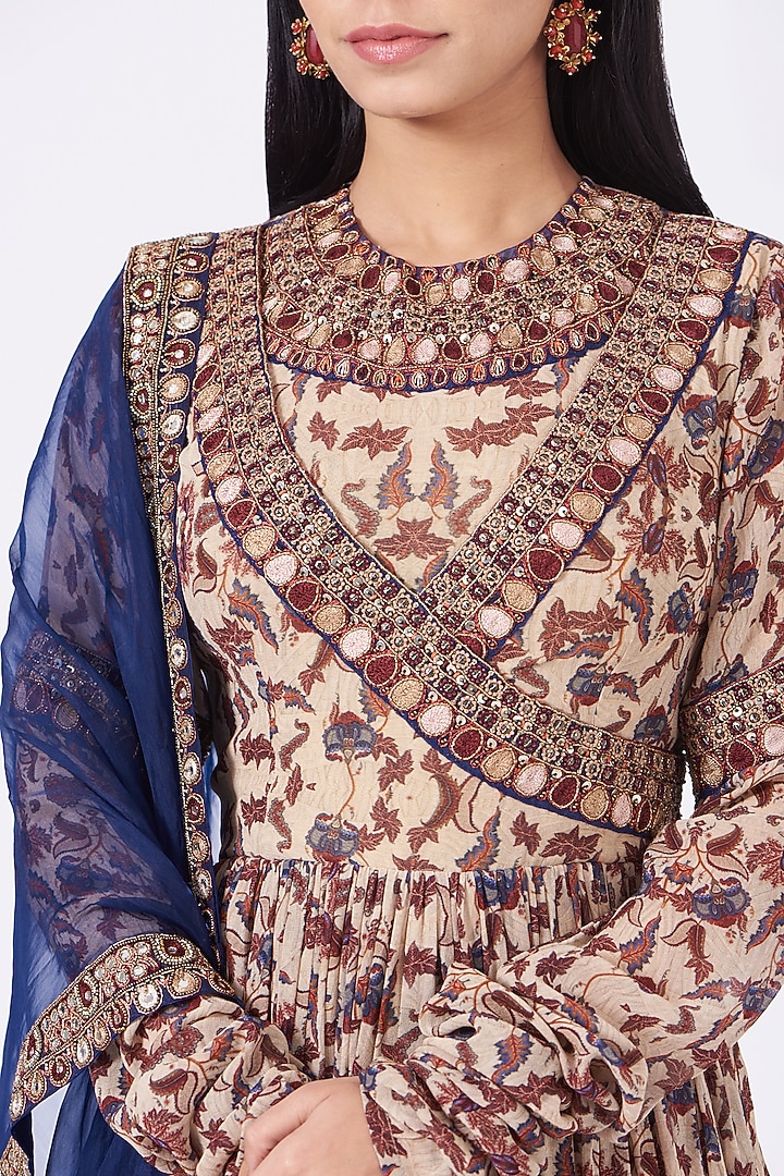 Beige Printed Angrakha Wedding Anarkali Set by Ridhima Bhasin at Pernia's Pop Up Shop