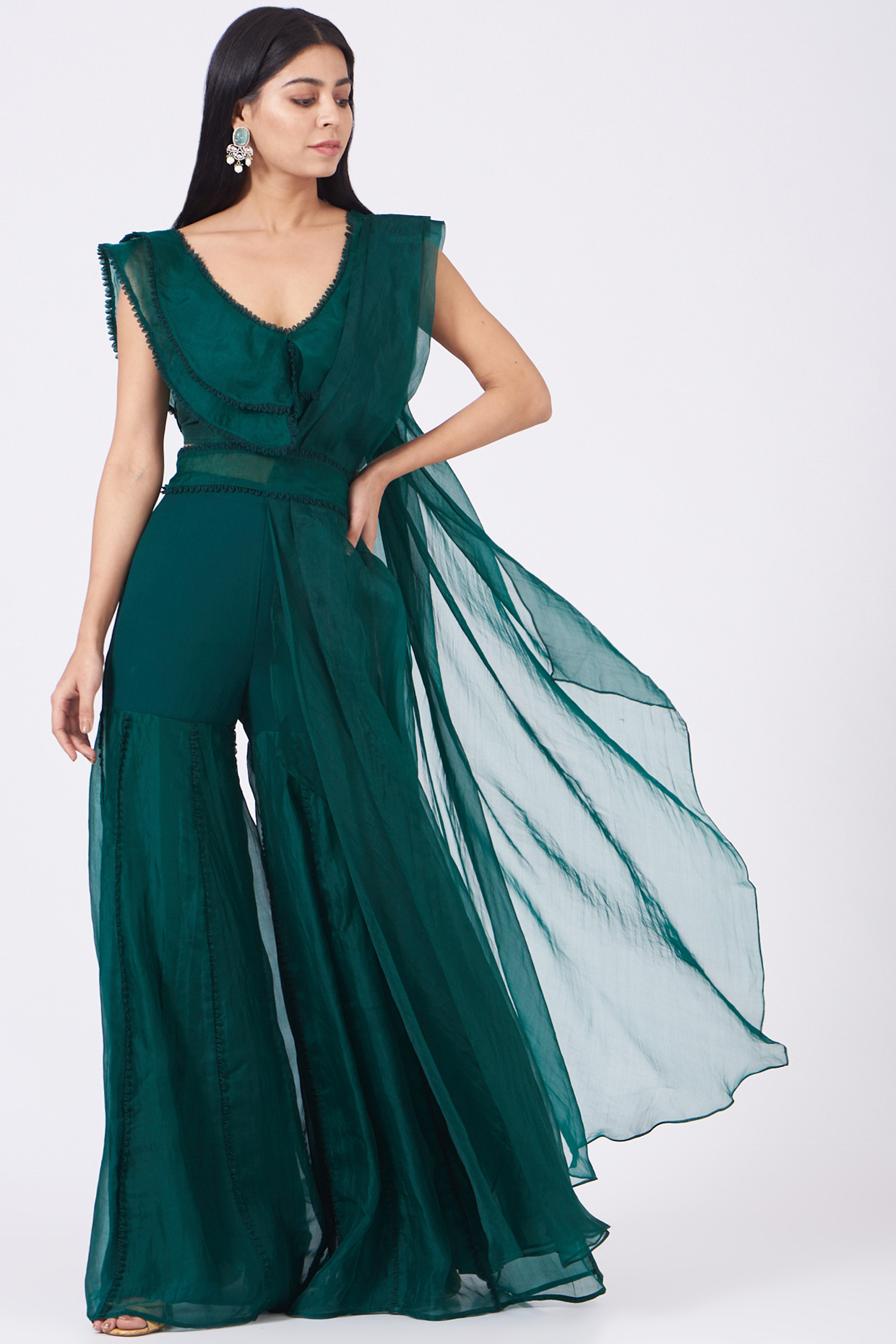 Bottle Green Organza Sharara Wedding Saree Set by Ridhima Bhasin at Pernia's Pop Up Shop