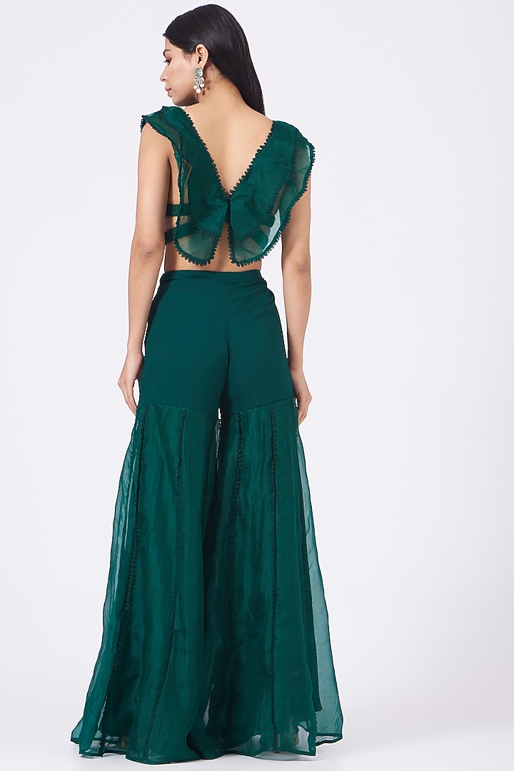 Bottle Green Organza Sharara Wedding Saree Set by Ridhima Bhasin at Pernia's Pop Up Shop