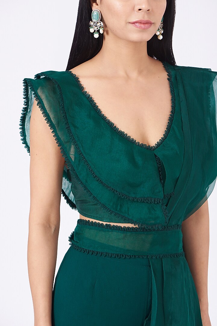 Bottle Green Organza Sharara Wedding Saree Set by Ridhima Bhasin at Pernia's Pop Up Shop