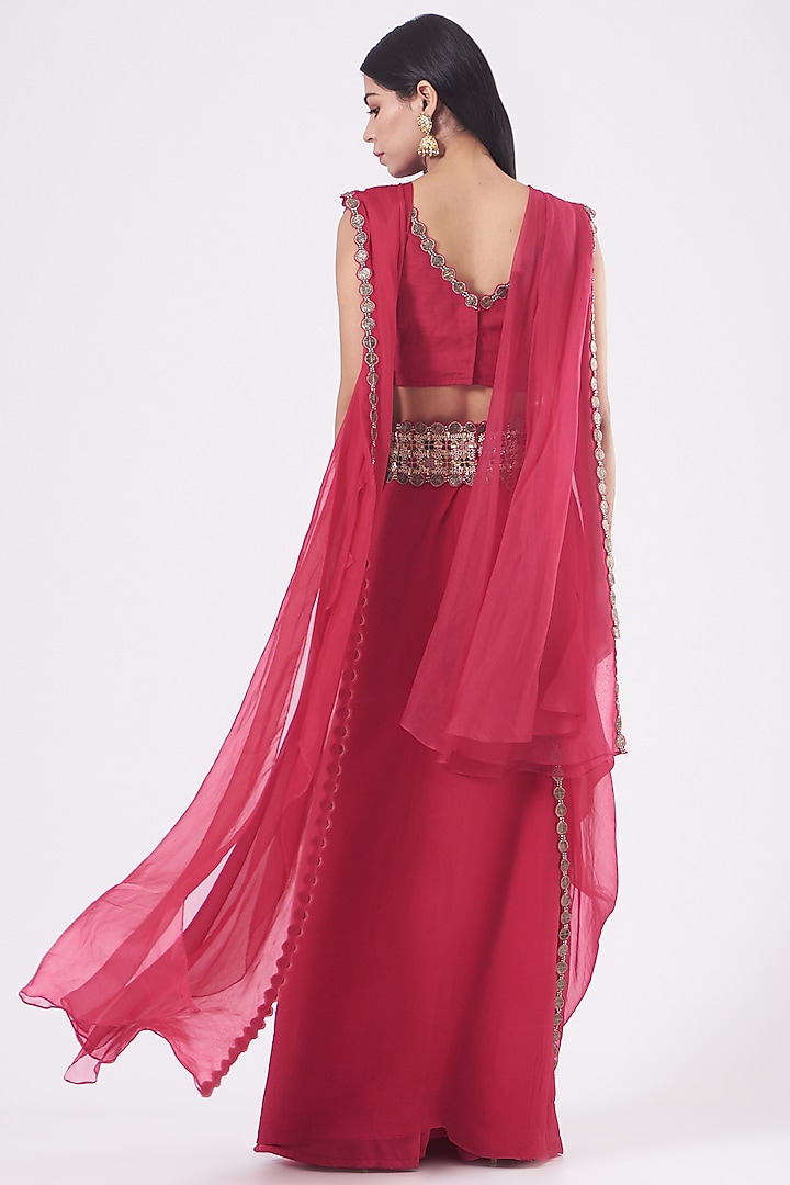 Fuchsia Chiffon & Organza Pre-Draped Wedding Saree Set by Ridhima Bhasin at Pernia's Pop Up Shop