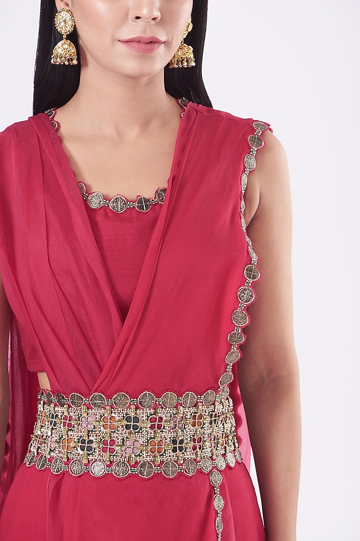 Fuchsia Chiffon & Organza Pre-Draped Wedding Saree Set by Ridhima Bhasin at Pernia's Pop Up Shop