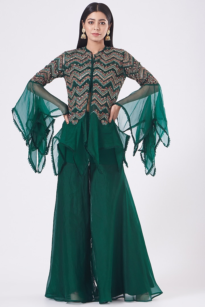 Bottle Green Organza Wedding Sharara Set by Ridhima Bhasin at Pernia's Pop Up Shop