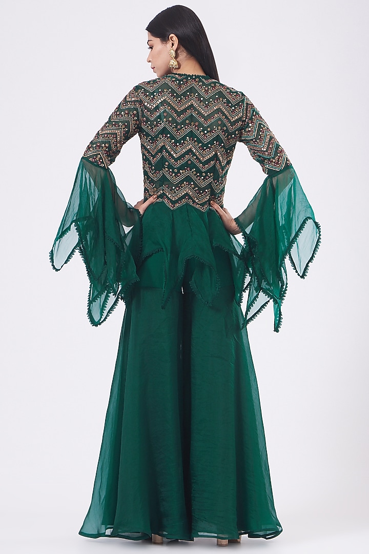 Bottle Green Organza Wedding Sharara Set by Ridhima Bhasin at Pernia's Pop Up Shop