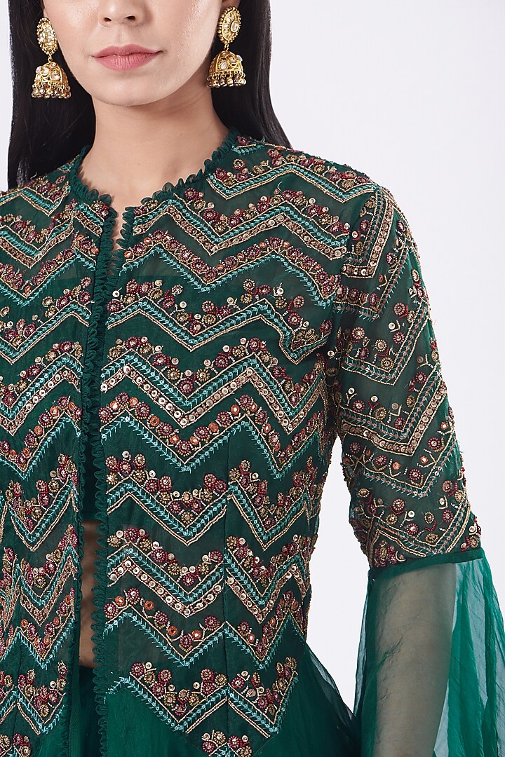 Bottle Green Organza Wedding Sharara Set by Ridhima Bhasin at Pernia's Pop Up Shop