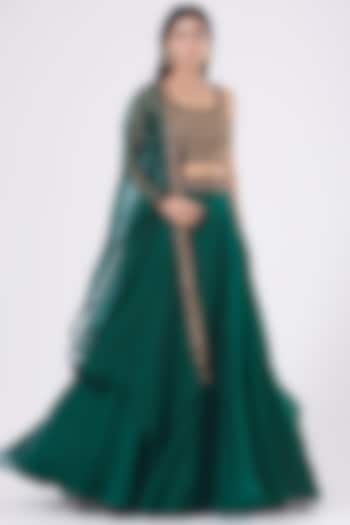 Bottle Green Embroidered Wedding Lehenga Set by Ridhima Bhasin at Pernia's Pop Up Shop