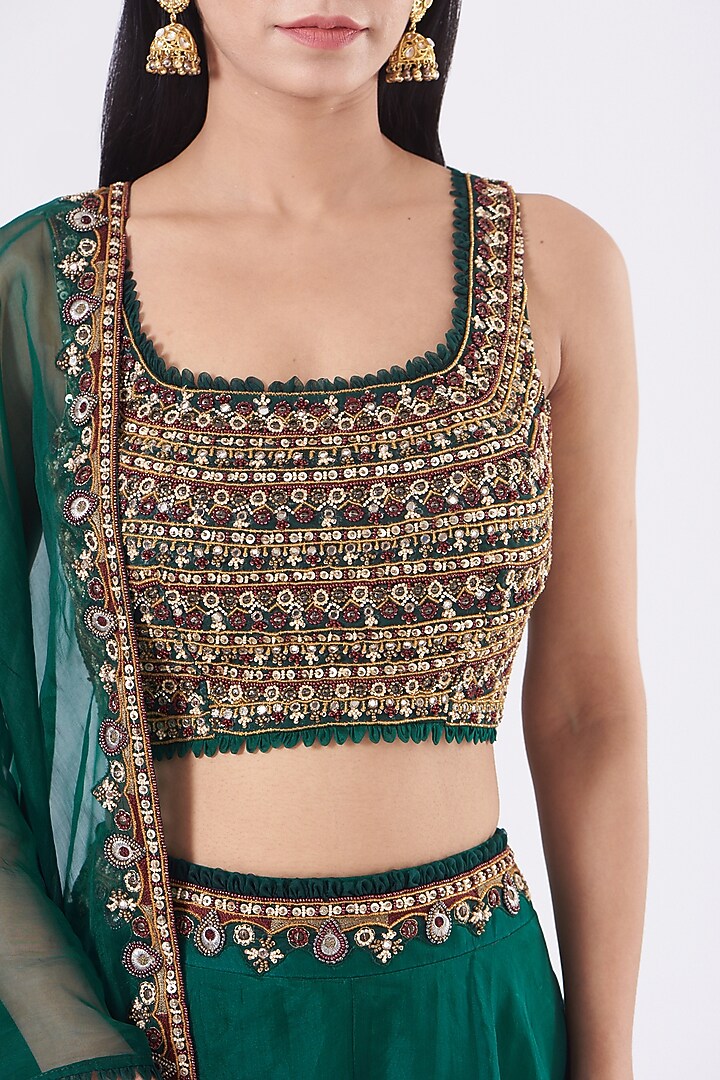 Bottle Green Embroidered Wedding Lehenga Set by Ridhima Bhasin at Pernia's Pop Up Shop