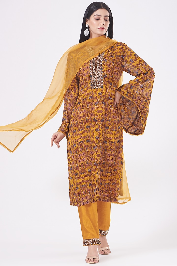 Mustard Printed Silk Kurta Set by Ridhima Bhasin