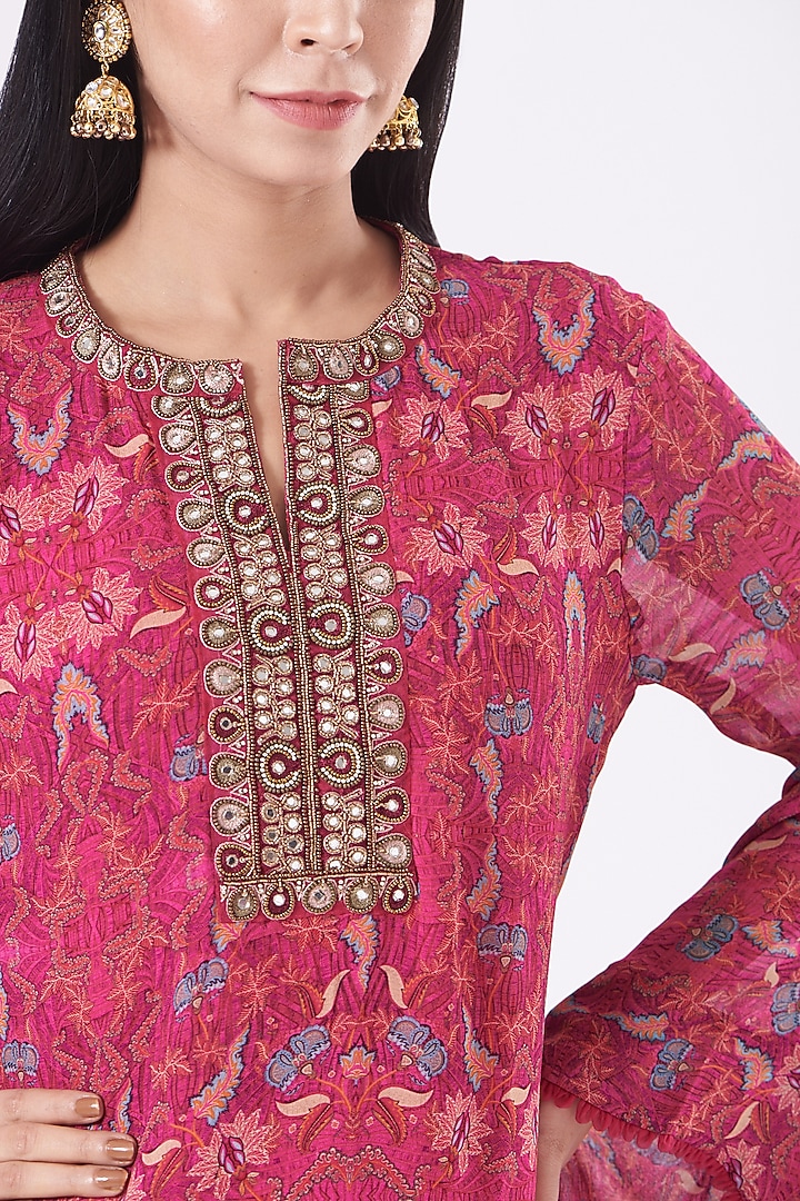Fuchsia Printed Silk Kurta Set by Ridhima Bhasin at Pernia's Pop Up Shop